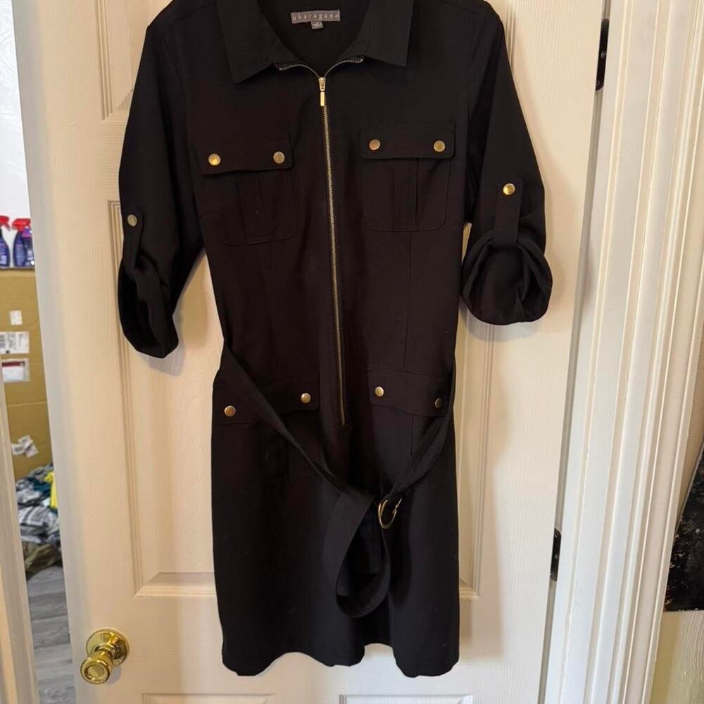 Black Sharagano zip-up dress w gold buttons & 4 pockets on front & built in belt